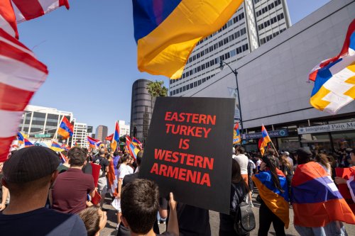 People join in the Resist Genocide Denial Now protest on the 107th anniversary of the mass murder of Armenians, outside the Turkish consulate on April 24, 2022 in Los Angeles, California [David McNew/Getty Images]