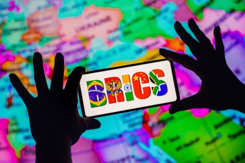 In this photo illustration, the BRICS logo. [Photo Illustration by Rafael Henrique/SOPA Images/LightRocket via Getty Images]