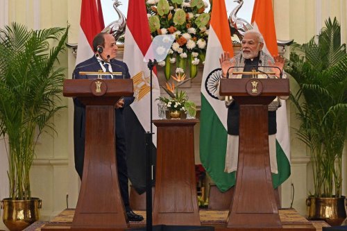 Indias Prime Minister Narendra Modi (R) speaks during a joint media briefing with Egypts President Abdel Fattah al-Sisi at the Hyderabad House in New Delhi on January 25, 2023 [SAJJAD HUSSAIN/AFP via Getty Images]