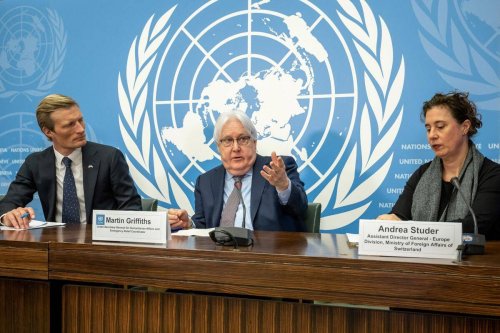 UN Emergency Relief Coordinator Martin Griffiths and Assistant Director General at the Ministry of Foreign Affairs of Switzerland Andrea Studer give a press conference ahead of a donor conference for the humanitarian crisis in Yemen in Geneva, on February 27, 2023. [FABRICE COFFRINI/AFP via Getty Images]