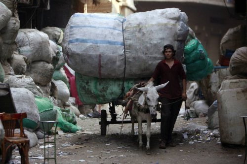 An Egyptian worker leads a donkey cart with huge sacks of garbage at the poor area of al-Zabbalin in Cairo, Egypt. [Photo by KHALED DESOUKI/AFP via Getty Images]
