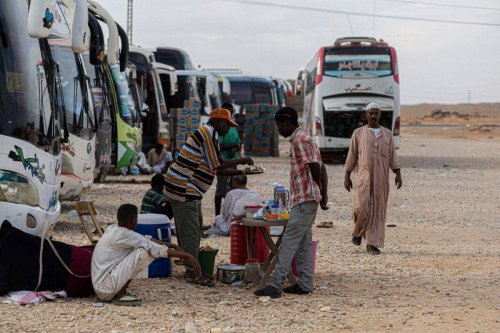 Sudanese drivers wait by their buses upon arrival at the Egyptian village of Wadi Karkar near Aswan on May 14, 2023 after fleeing war-torn Sudan [KHALED DESOUKI/AFP via Getty Images]