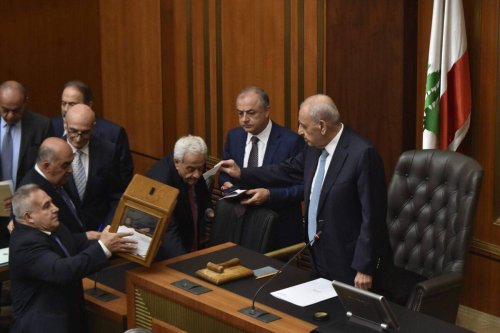 Speaker of the Parliament of Lebanon Nabih Berri votes as the Lebanese parliament holds the 12th session to elect the 14th president in Beirut, Lebanon on June 14, 2023 [Hussam Shbaro/Anadolu Agency via Getty Images]