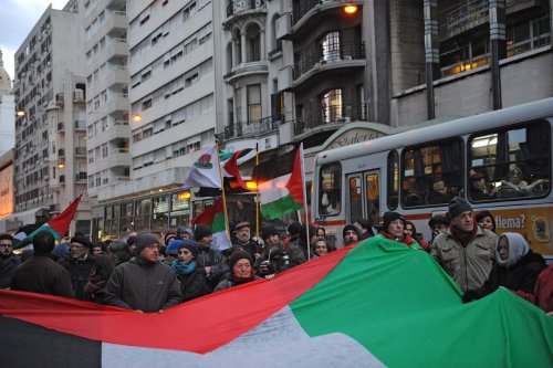 Pro-Palestinian demonstrators march along Montevideo's main avenue on 12 August 2014. [MIGUEL ROJO/AFP via Getty Images]