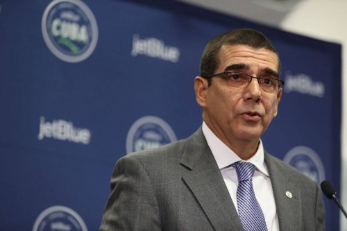 Jose Ramon Cabanas, Cuba's ambassador to the United States, speaks to the media before JetBlue Flight 387 the first scheduled commercial flight to Cuba since 1961 prepares to take off from Fort Lauderdale-Hollywood International Airport on August 31, 2016 in Fort Lauderdale, Florida [Joe Raedle/Getty Images]