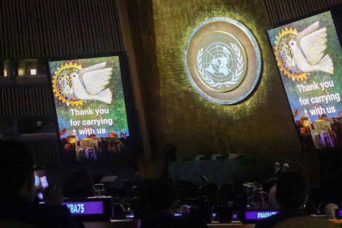 A view of the United Nation's logo during the commemoration ceremony of 75th anniversary of Israel's declaration of independence, which Palestinians call the Great Catastrophe (Nakba), and its forced migration of Palestinians at the United Nations Headquarters in New York, United States on May 15, 2023 [Selçuk Acar - Anadolu Agency]
