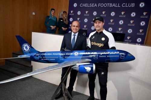 Oman Air CEO Abdulaziz Al-Rais (L) and Chelsea Manager Mauricio Pochettino (R) agreed on 6 July 2023 to a three-year sponsorship deal which will see Omar Air become the football club’s global airline partner [Chelsea FC]