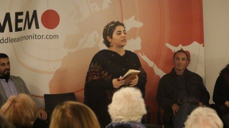 Heba Hayek discusses her book at the Palestine Book Awards on 3 November 2022 [Sulaiman Lkaderi/Middle East Monitor]