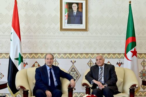Syrian Foreign Minister Faisal Mekdad (L) meets the Algerian Foreign Minister Ahmed Attaf (R) during an official meeting in Algeirs, Algeria on April 15, 2023 [Algerian Foreign Ministry - Anadolu Agency]