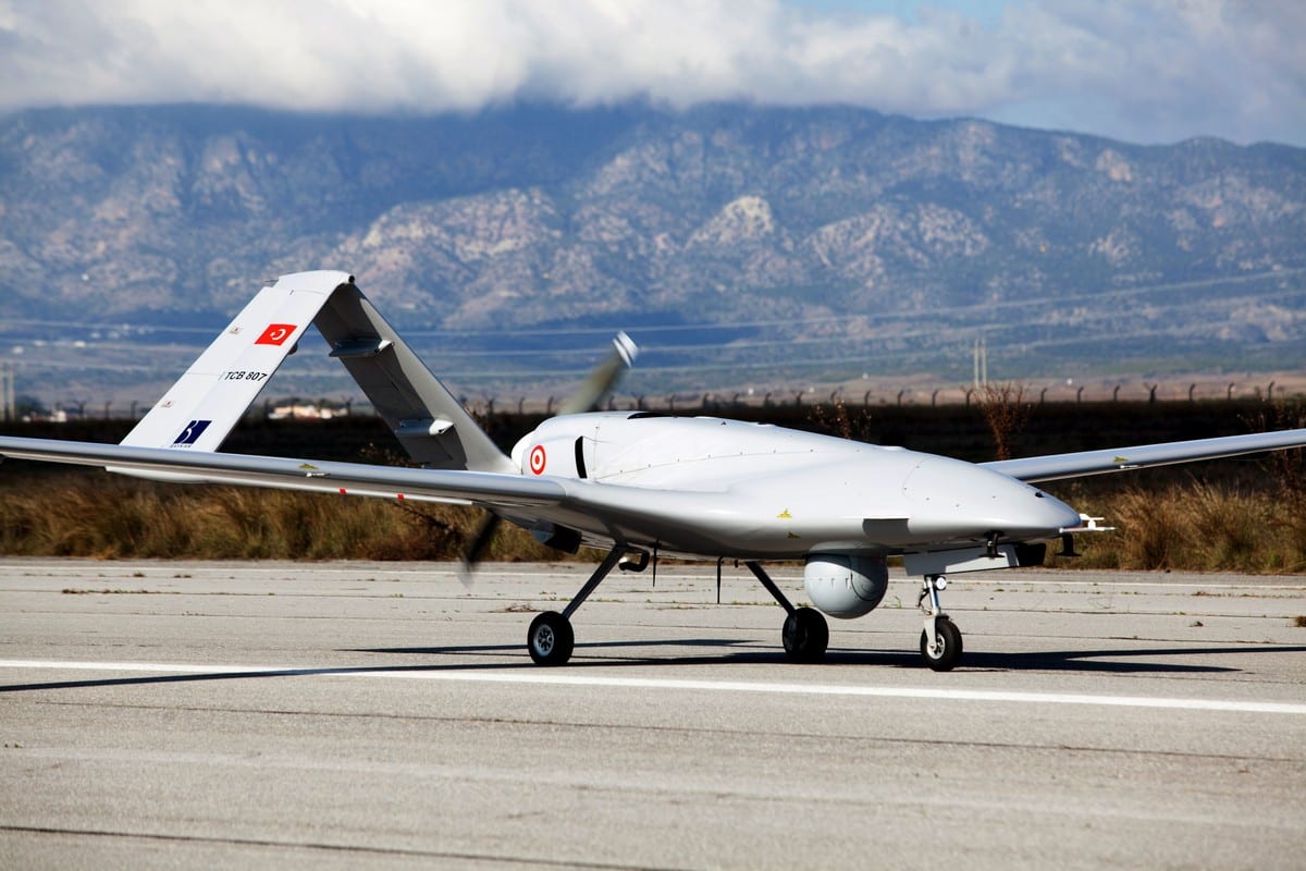 Turkey's Bayraktar TB2 drone at Gecitkale Airport [BIROL BEBEK/AFP/Getty Images]