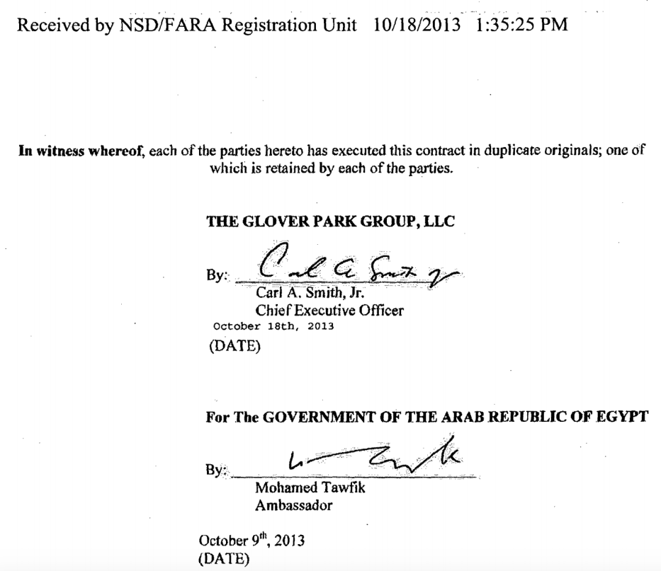 Here appears the signature of Mohammed Tawfik, the Egyptian ambassador to Washington, from the Egyptian government's contract with The Glover Park Group. Source: Fara database [sasapost.com]