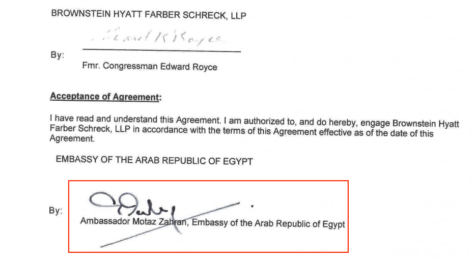 The photo shows Motaz Zahran's signature, the Egyptian ambassador to the US, on a contract with the Brownstein Hyatt Farber Schreck company. Source: US Department of Justice website [sasapost.com]