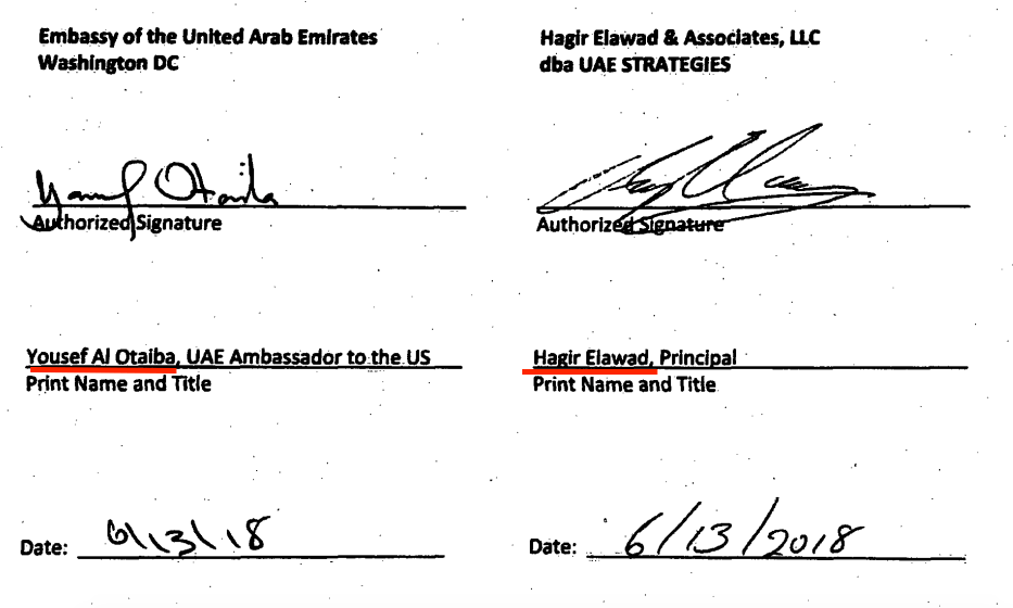 The contract for Elawad's company with the Emirati Embassy, signed by Al-Otaiba and Elawad. Source: US Department of Justice website
