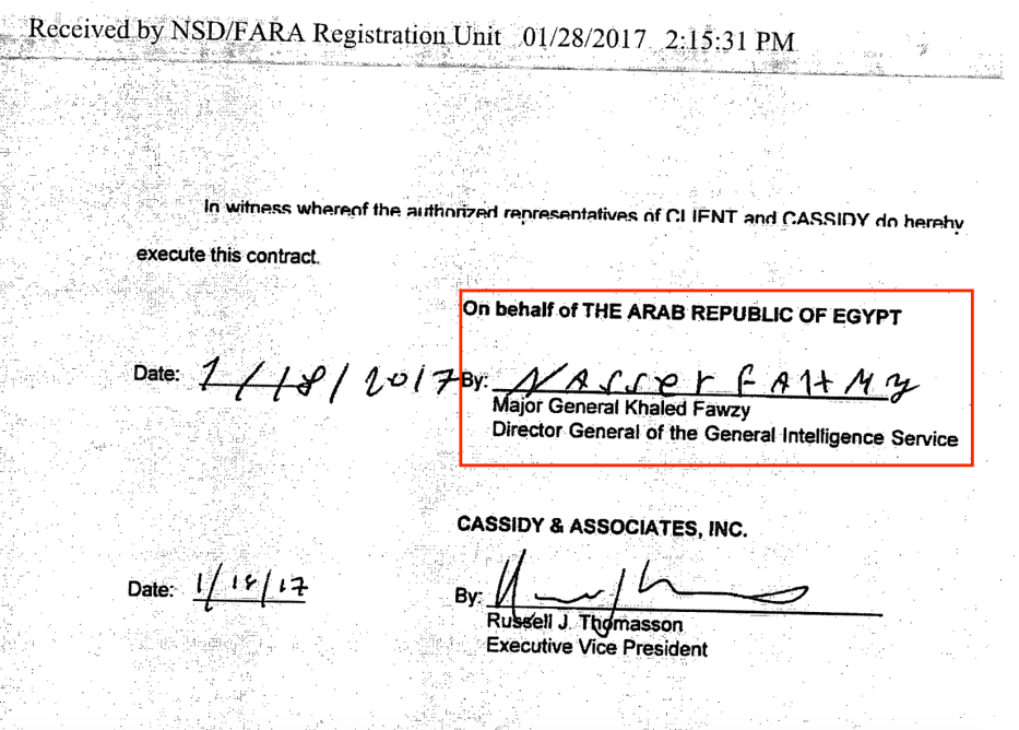 One of the Egyptian General Intelligence Directorate contracts with political lobbying companies in the US. This image is from the intelligence contract with the company Cassidy and Associates, in which the signature of Major General Nasser Fahmy, as director of administrative affairs in the agency, appears. Source: US Department of Justice website [sasapost.com]