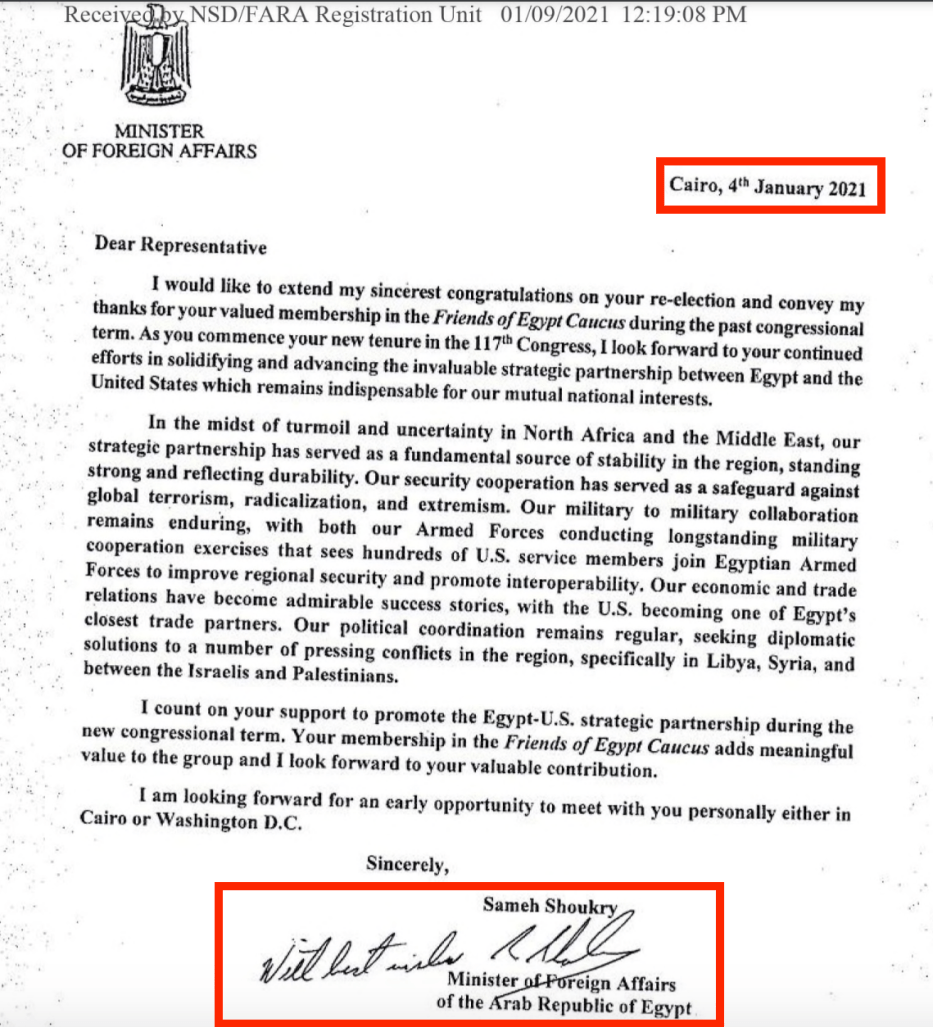 A letter from Egyptian Foreign Minister Shoukry to a group of Congress representatives discussing the military relations between the Egyptian and US armies and the need for coordination between the two countries on various files in the Middle East. Source: US Department of Justice website [sasapost.com]