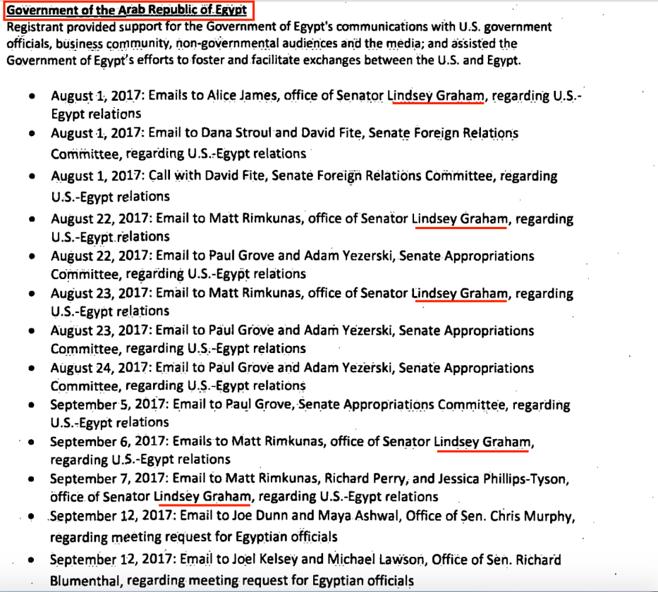 From The Glover Park Group's contacts with the office of Republican Senator Lindsey Graham. It was preceded by extensive meetings and communications from 2013 to 2018, which resulted in Graham's change of stance from criticising El-Sisi to praising him as the right man for the stage. Source: US Department of Justice website [sasapost.com]