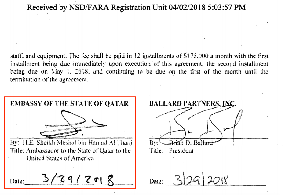 From the Qatari Embassy's contract with Ballard Partners. The photo shows the signature of Meshal Bin Hamad Al-Thani, the Qatari ambassador to Washington. Source: US Department of Justice website [sasapost.com]