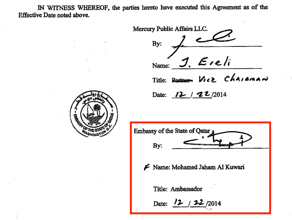From the Qatari lobby's contract with Mercury Public Affairs. The photo shows the signature of Mohammed Jaham Al-Kuwari, the Qatari ambassador to the US. Source: US Department of Justice website [sasapost.com]