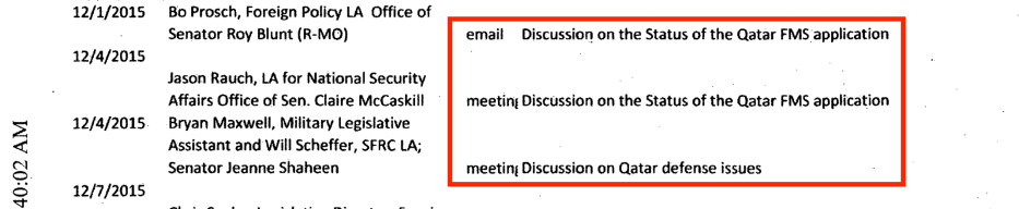 Part of the communications of the Mercury Public Affairs for the benefit of the Qatari lobby. The meetings mentioned in the photo discuss the arms deals and defence issues between the US and Qatar. Source: US Department of Justice website [sasapost.com]
