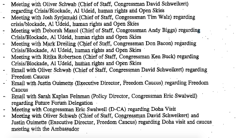 Part of Nelson Mullins Riley and Scarborough's contacts showing its meeting with several offices of Congress members to discuss the following files: Al Udeid Air Base, coordination for their visits to Qatar, human rights and the Treaty on Open Skies [sasapost.com]