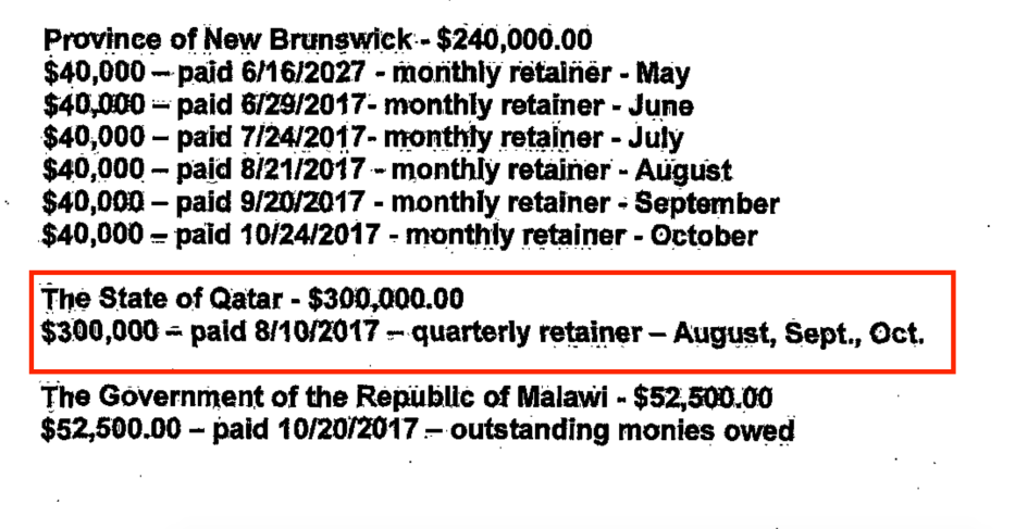 From payments made by the State of Qatar to Nelson Mullins Riley and Scarborough for August, September and October 2017. Source: US Department of Justice website [sasapost.com]