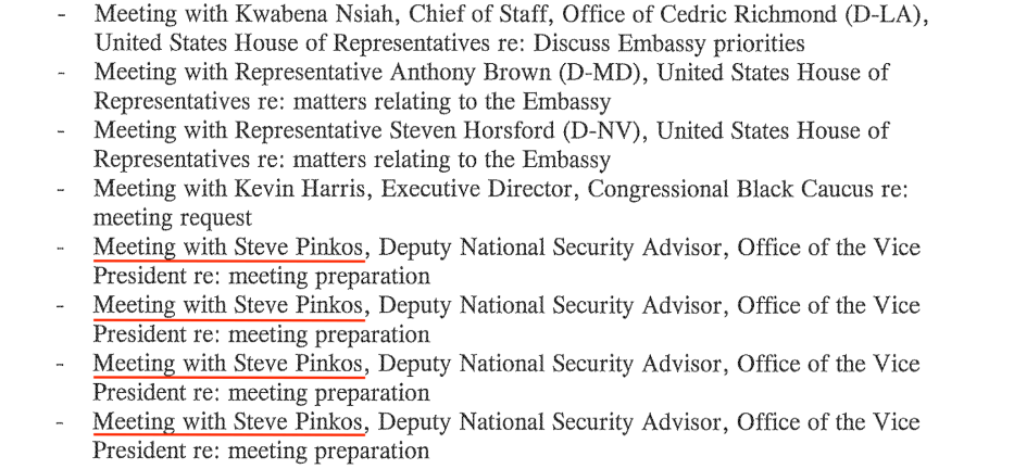 A series of the Qatari lobby meetings with Steve Pinkos, advisor to Mike Pence. These meetings were carried out by Nelson Mullins Riley and Scarborough. Source: US Department of Justice website [sasapost.com]