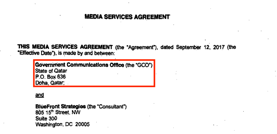 Government Communications Office in Qatar's contracts with Bluefront Strategies to launch a media campaign in the US and on social media platforms about the blockade and the Gulf crisis. Source: US Department of Justice website [sasapost.com]