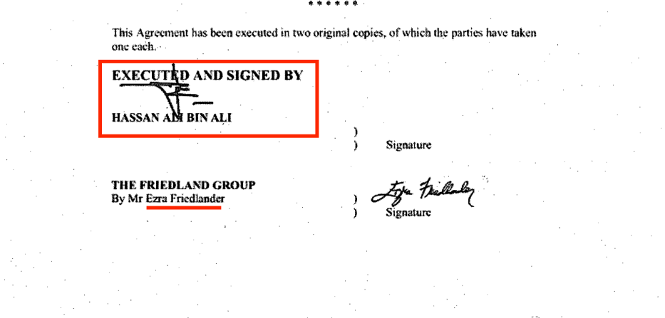 Part of Hassan Ali Bin Ali's contract with the Friedlander Group for political pressure, owned and managed by Ezra Friedlander, a US Orthodox Jew who fully supports Israel. The contract is dated 10 November, 2014. Source: US Department of Justice website [sasapost.com]