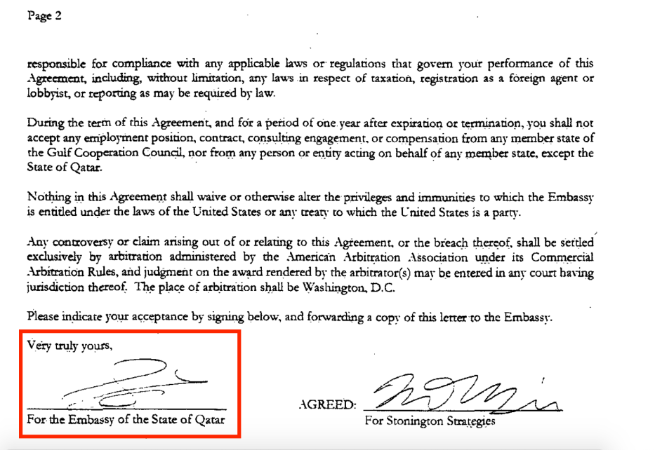 Part of the contract of the Qatari Embassy in the US with Stonington Strategies. The company works for Nicolas Muzin, a US pro-Israeli who has previously worked for the prominent Republican Senator Ted Cruz, a fierce supporter of Israel. Source: US Department of Justice website [sasapost.com]