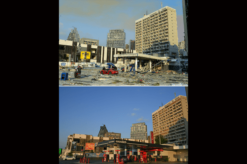 A composite image created by combining top-down photographs of the destroyed areas of the city taken from the same angle to show the former condition and current situation 3 years after the massive port explosion in Beirut, Lebanon on August 04, 2023 [Houssam Shbaro/Anadolu Agency]
